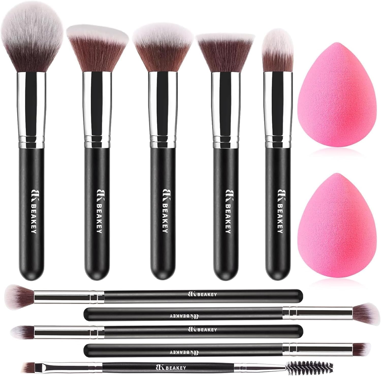 BEAKEY Makeup Brushes Set,10 Brushes and 2 Sponges for Face and Eye Makeup
